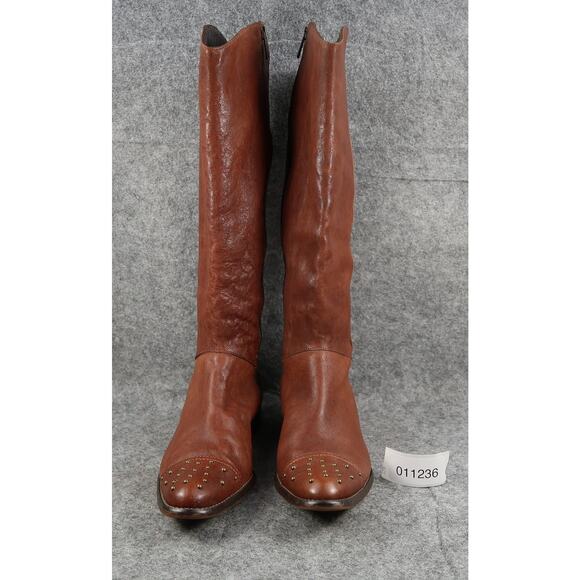 John Fluevog Boots Womens 6 Tall Riding Picnics Brie Brown Leather Studded Toe - Picture 3 of 16